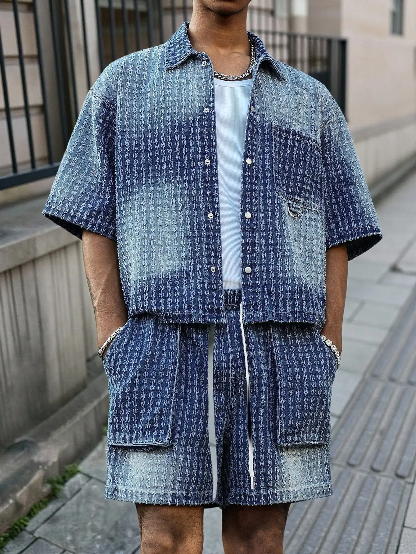 Men's Jacquard Textured Gradient Washed Denim Matching Set, Short Sleeve Button Down Shirt & Drawstring Cargo Shorts