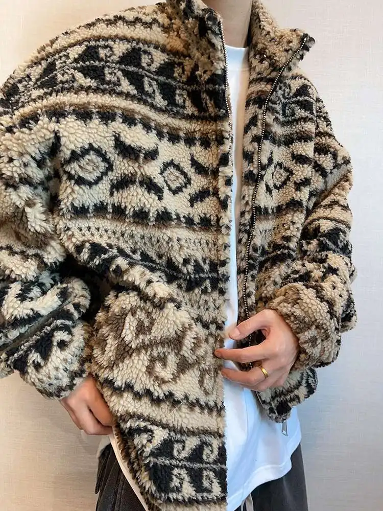 Winter Ethnic Jacquard Sherpa Jacket Men Geometry Stand Collar Coat Thickened Warm Fur Jacket Street Zip-Front Winter Outerwear