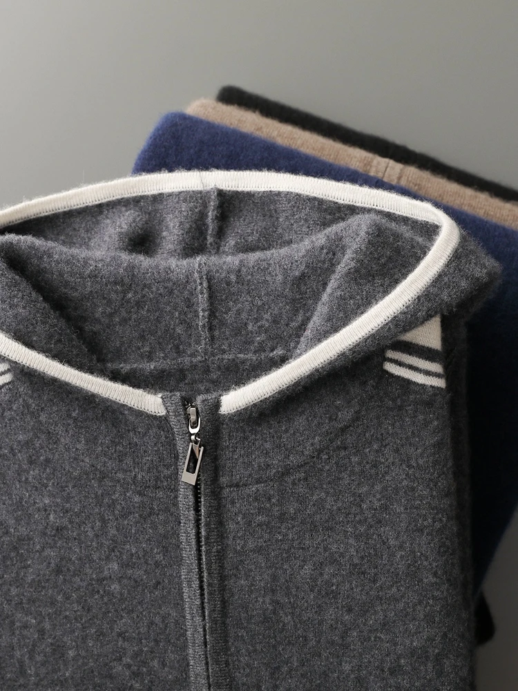 Men's Jacket 100% Merino Wool Sweater Cardigan Autumn Winter Sweater Thicked Casual Hoodie Knitwear Zipper Open Stitch Clothing
