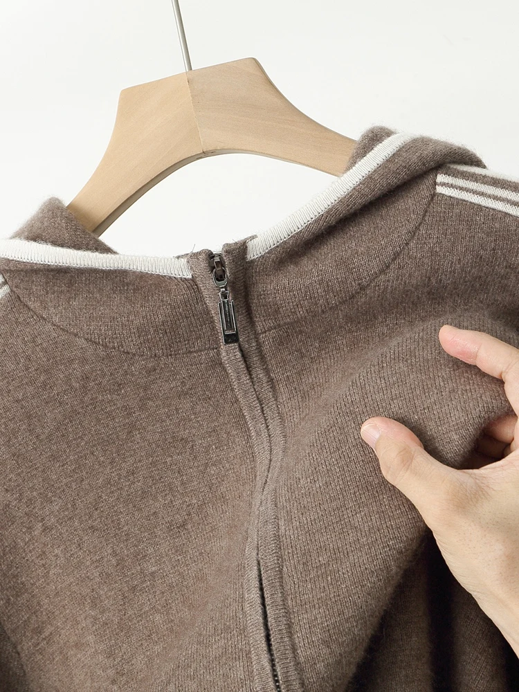 Men's Jacket 100% Merino Wool Sweater Cardigan Autumn Winter Sweater Thicked Casual Hoodie Knitwear Zipper Open Stitch Clothing