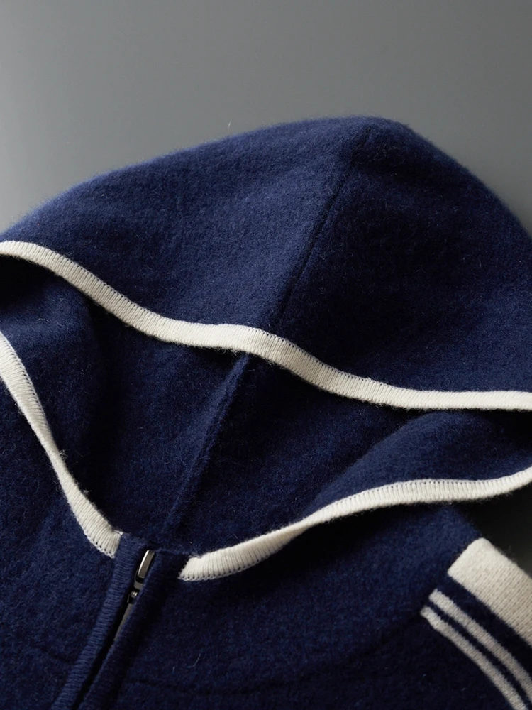 Men's Jacket 100% Merino Wool Sweater Cardigan Autumn Winter Sweater Thicked Casual Hoodie Knitwear Zipper Open Stitch Clothing