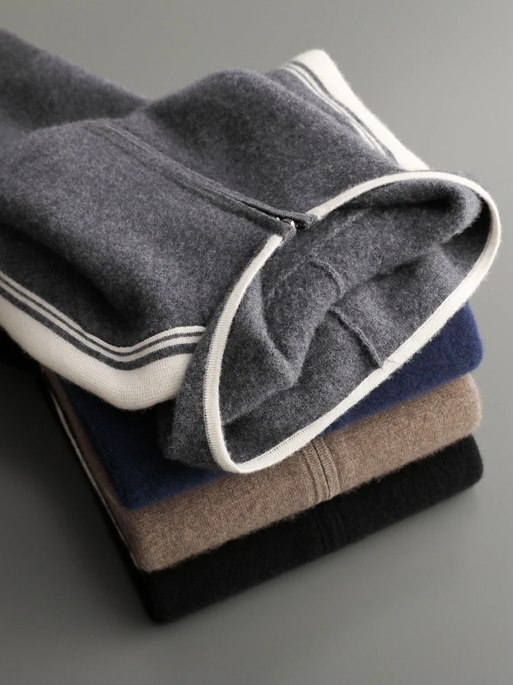Men's Jacket 100% Merino Wool Sweater Cardigan Autumn Winter Sweater Thicked Casual Hoodie Knitwear Zipper Open Stitch Clothing