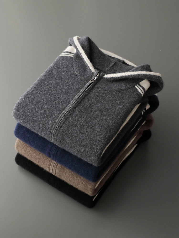 Men's Jacket 100% Merino Wool Sweater Cardigan Autumn Winter Sweater Thicked Casual Hoodie Knitwear Zipper Open Stitch Clothing
