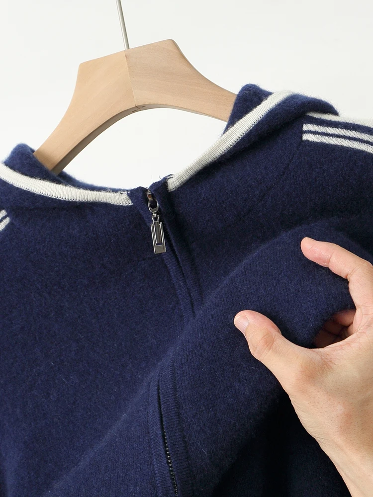 Men's Jacket 100% Merino Wool Sweater Cardigan Autumn Winter Sweater Thicked Casual Hoodie Knitwear Zipper Open Stitch Clothing
