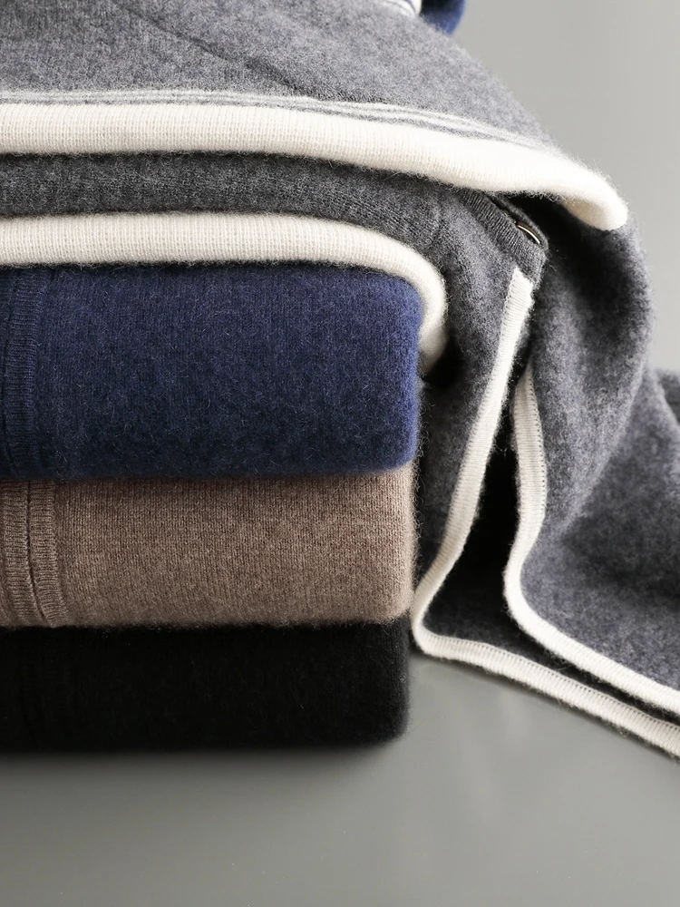 Men's Jacket 100% Merino Wool Sweater Cardigan Autumn Winter Sweater Thicked Casual Hoodie Knitwear Zipper Open Stitch Clothing