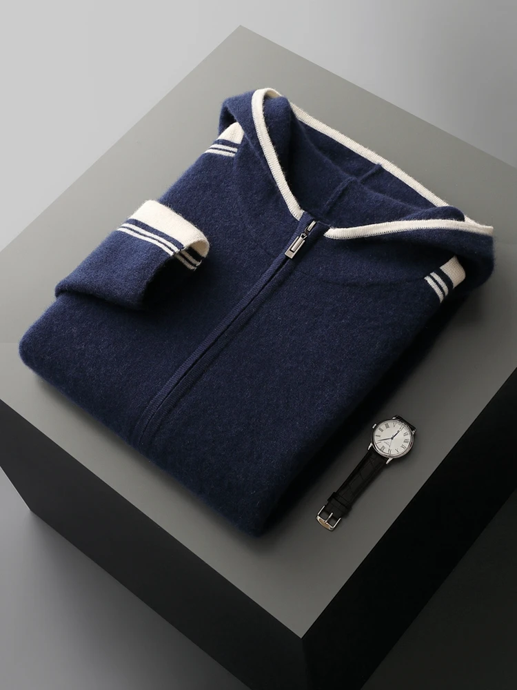 Men's Jacket 100% Merino Wool Sweater Cardigan Autumn Winter Sweater Thicked Casual Hoodie Knitwear Zipper Open Stitch Clothing