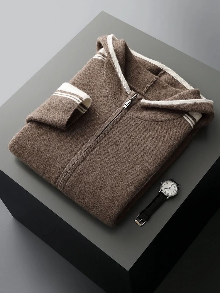 Men's Jacket 100% Merino Wool Sweater Cardigan Autumn Winter Sweater Thicked Casual Hoodie Knitwear Zipper Open Stitch Clothing