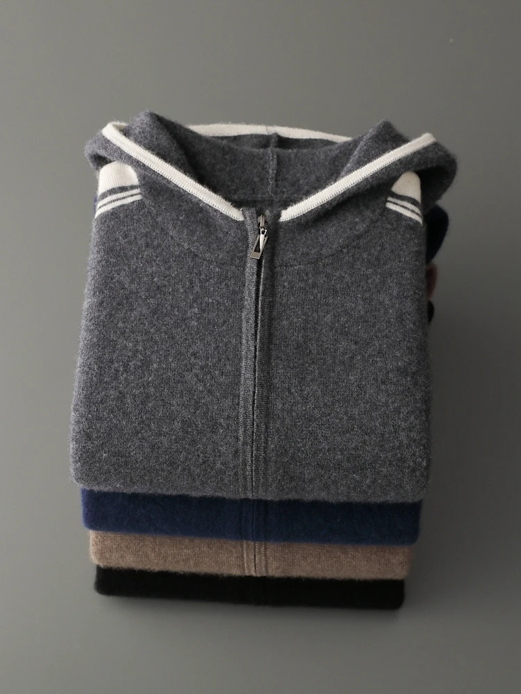 Men's Jacket 100% Merino Wool Sweater Cardigan Autumn Winter Sweater Thicked Casual Hoodie Knitwear Zipper Open Stitch Clothing
