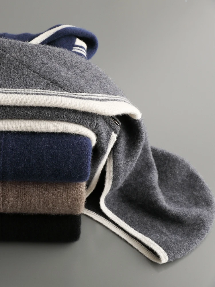 Men's Jacket 100% Merino Wool Sweater Cardigan Autumn Winter Sweater Thicked Casual Hoodie Knitwear Zipper Open Stitch Clothing