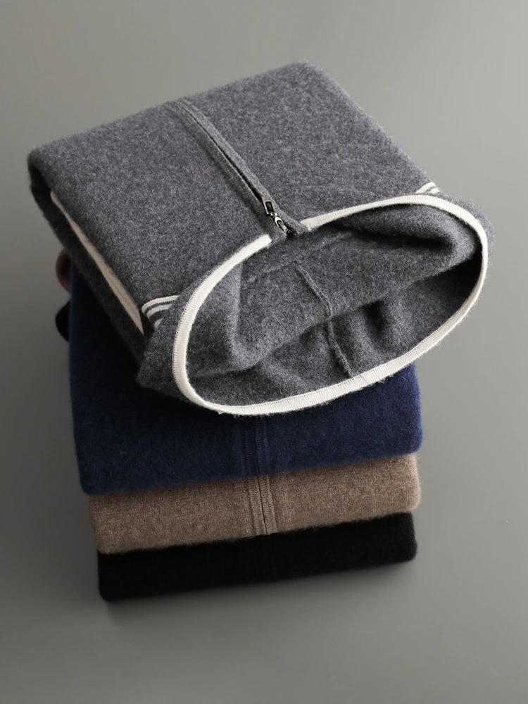 Men's Jacket 100% Merino Wool Sweater Cardigan Autumn Winter Sweater Thicked Casual Hoodie Knitwear Zipper Open Stitch Clothing