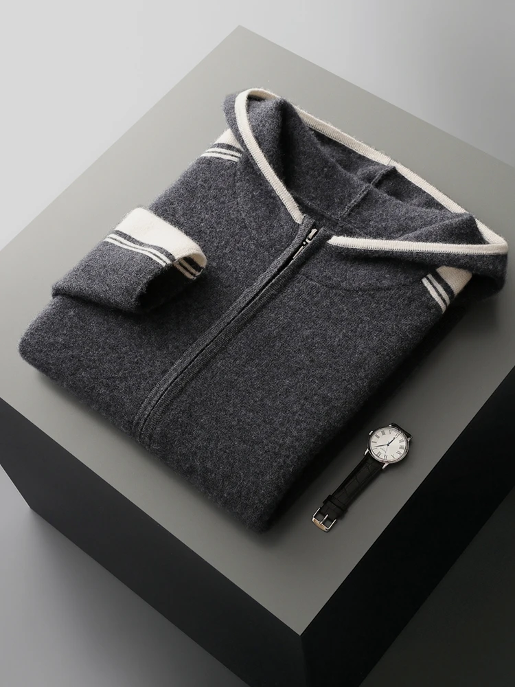 Men's Jacket 100% Merino Wool Sweater Cardigan Autumn Winter Sweater Thicked Casual Hoodie Knitwear Zipper Open Stitch Clothing