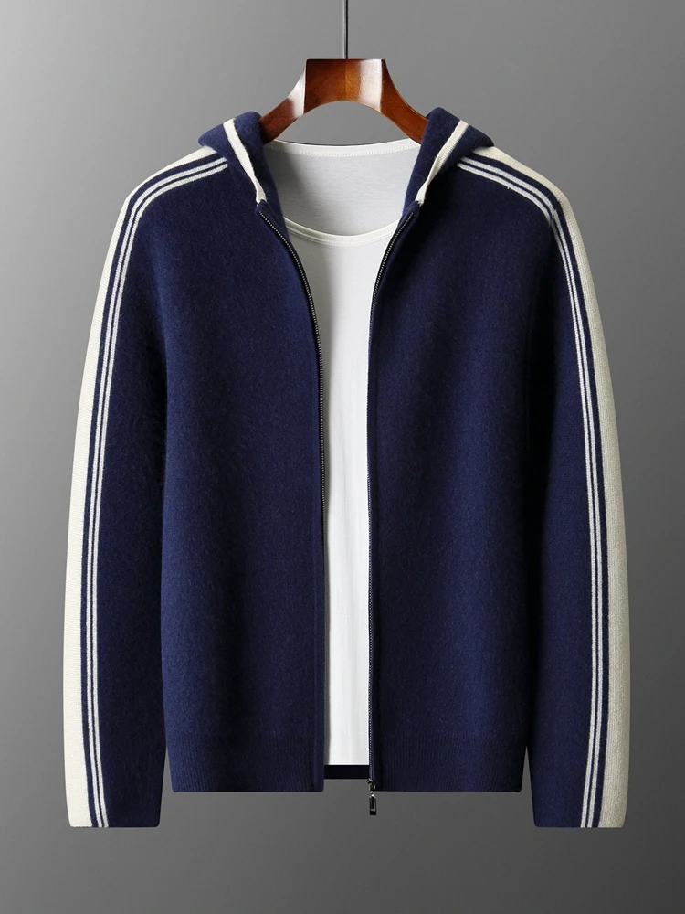 Men's Jacket 100% Merino Wool Sweater Cardigan Autumn Winter Sweater Thicked Casual Hoodie Knitwear Zipper Open Stitch Clothing