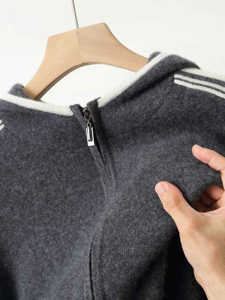 Men's Jacket 100% Merino Wool Sweater Cardigan Autumn Winter Sweater Thicked Casual Hoodie Knitwear Zipper Open Stitch Clothing