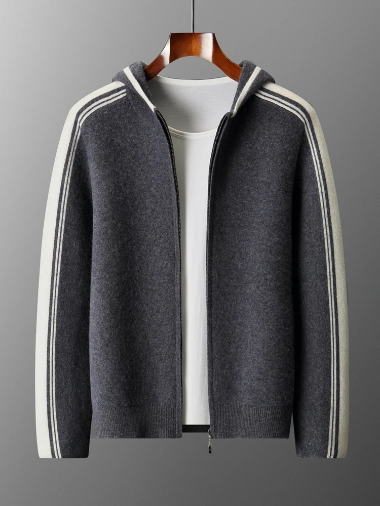 Men's Jacket 100% Merino Wool Sweater Cardigan Autumn Winter Sweater Thicked Casual Hoodie Knitwear Zipper Open Stitch Clothing