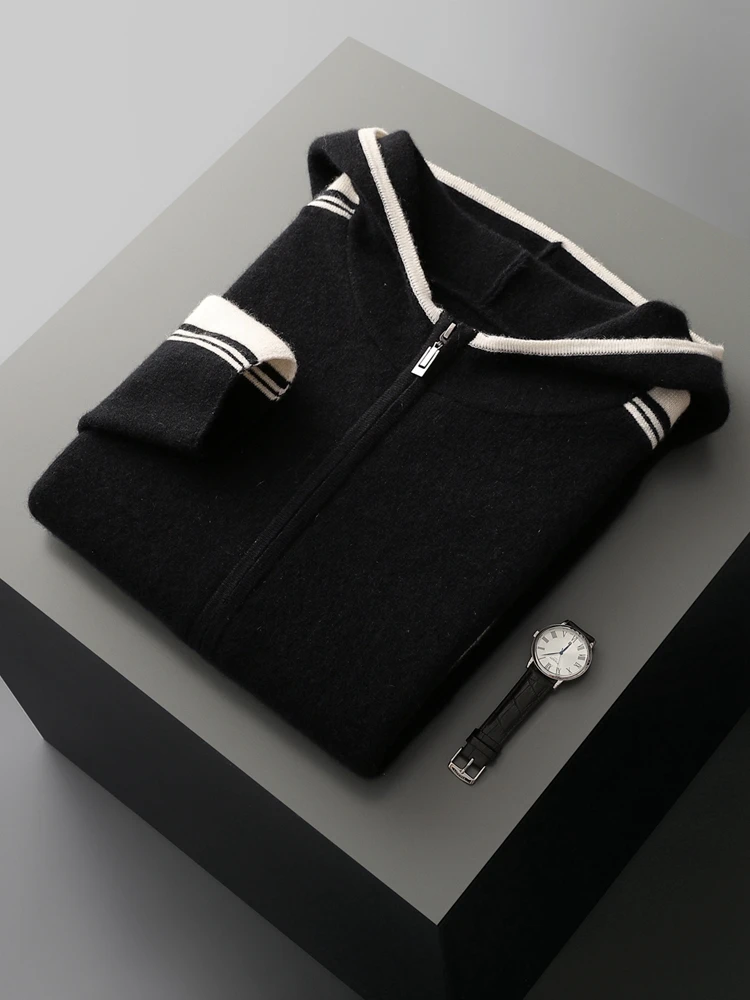 Men's Jacket 100% Merino Wool Sweater Cardigan Autumn Winter Sweater Thicked Casual Hoodie Knitwear Zipper Open Stitch Clothing