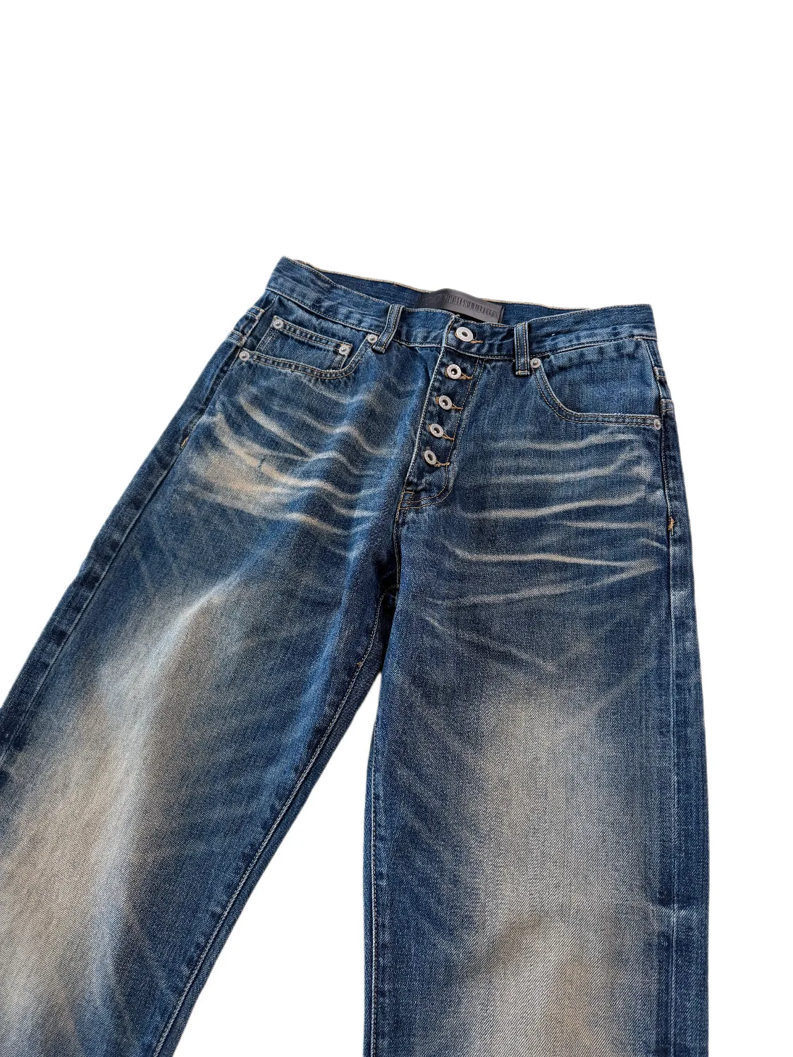 Button‑Fly Cat‑Whisker Pleated Indigo Selvedge Bootcut Jeans
