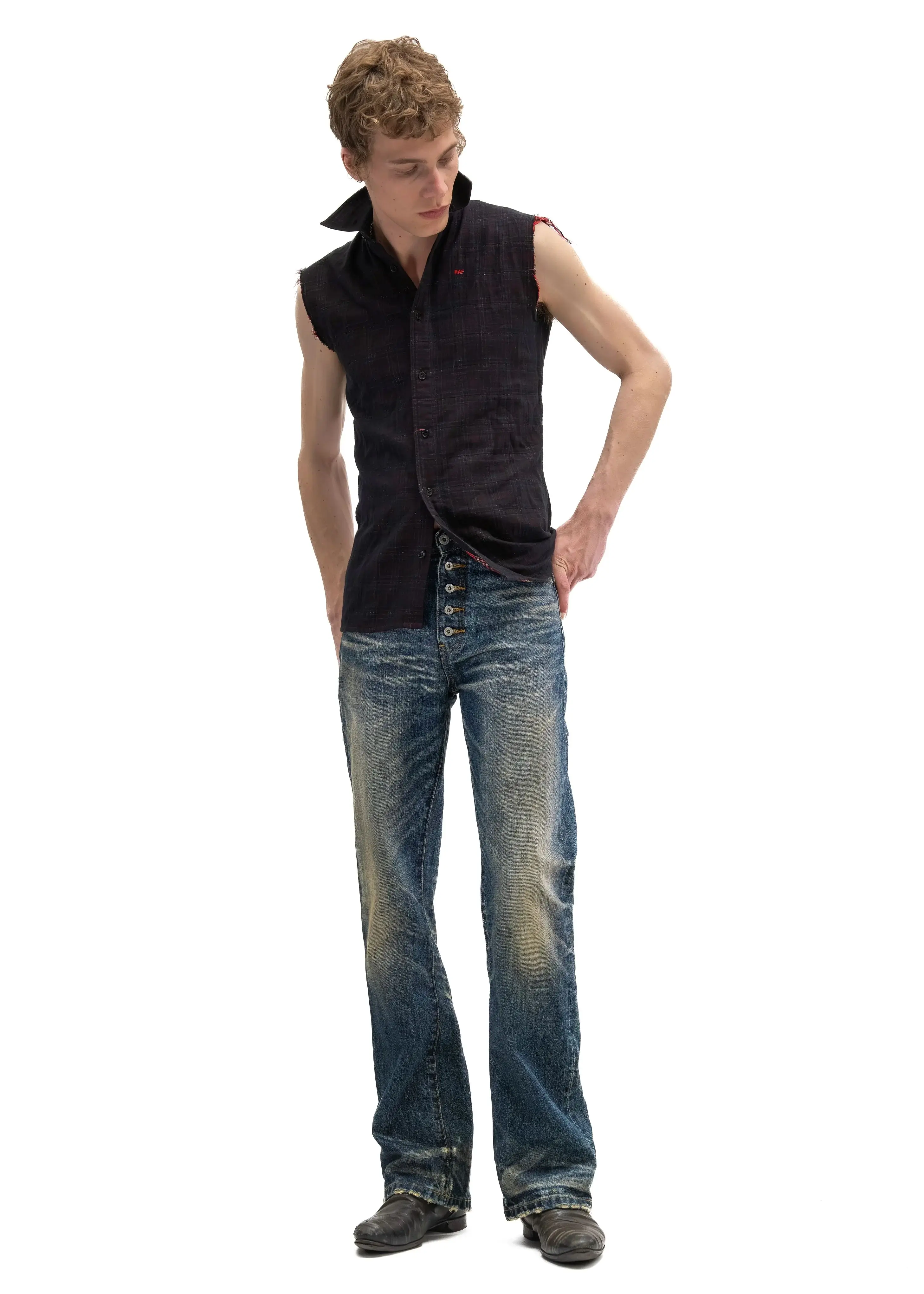 Button‑Fly Cat‑Whisker Pleated Indigo Selvedge Bootcut Jeans