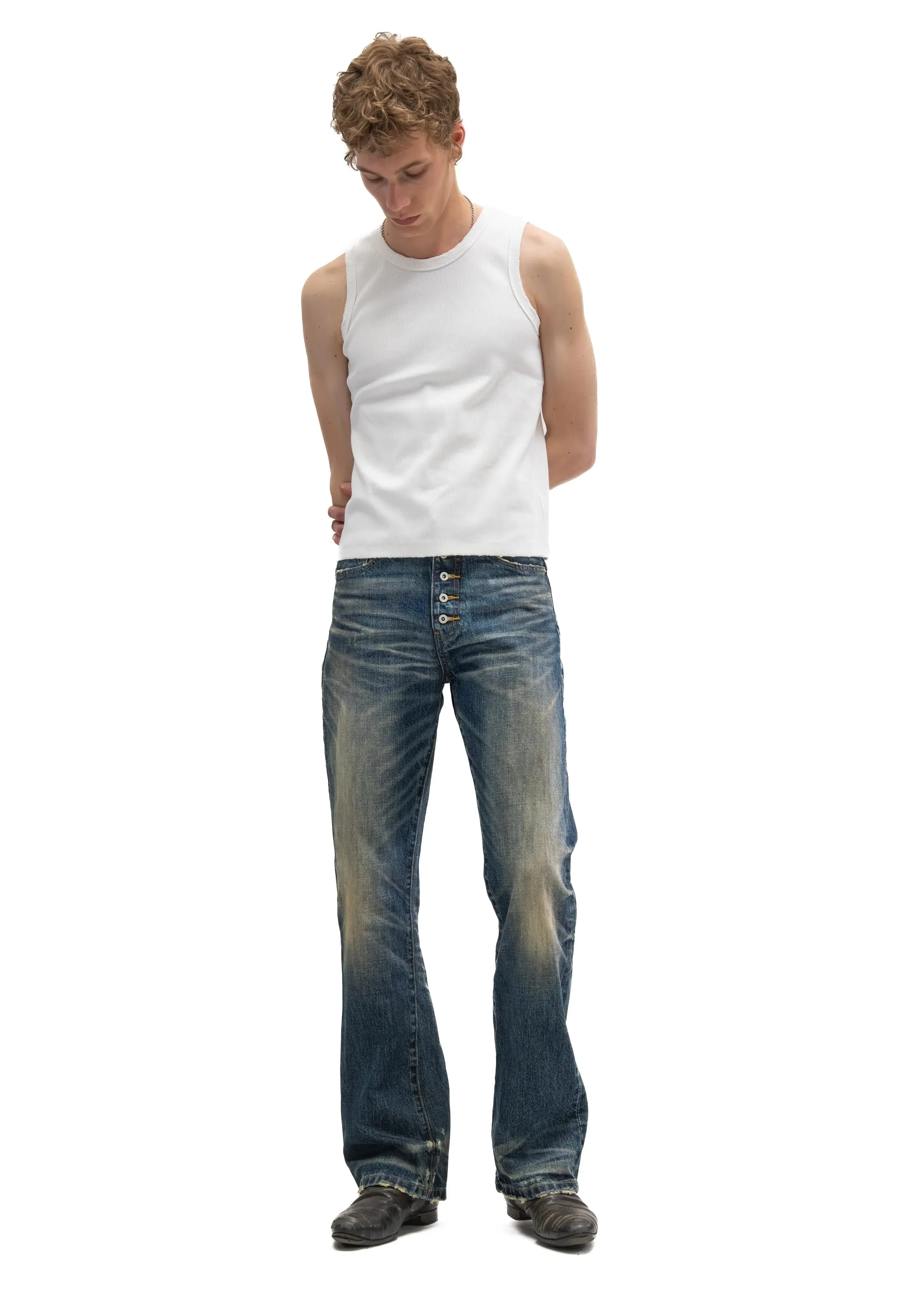 Button‑Fly Cat‑Whisker Pleated Indigo Selvedge Bootcut Jeans
