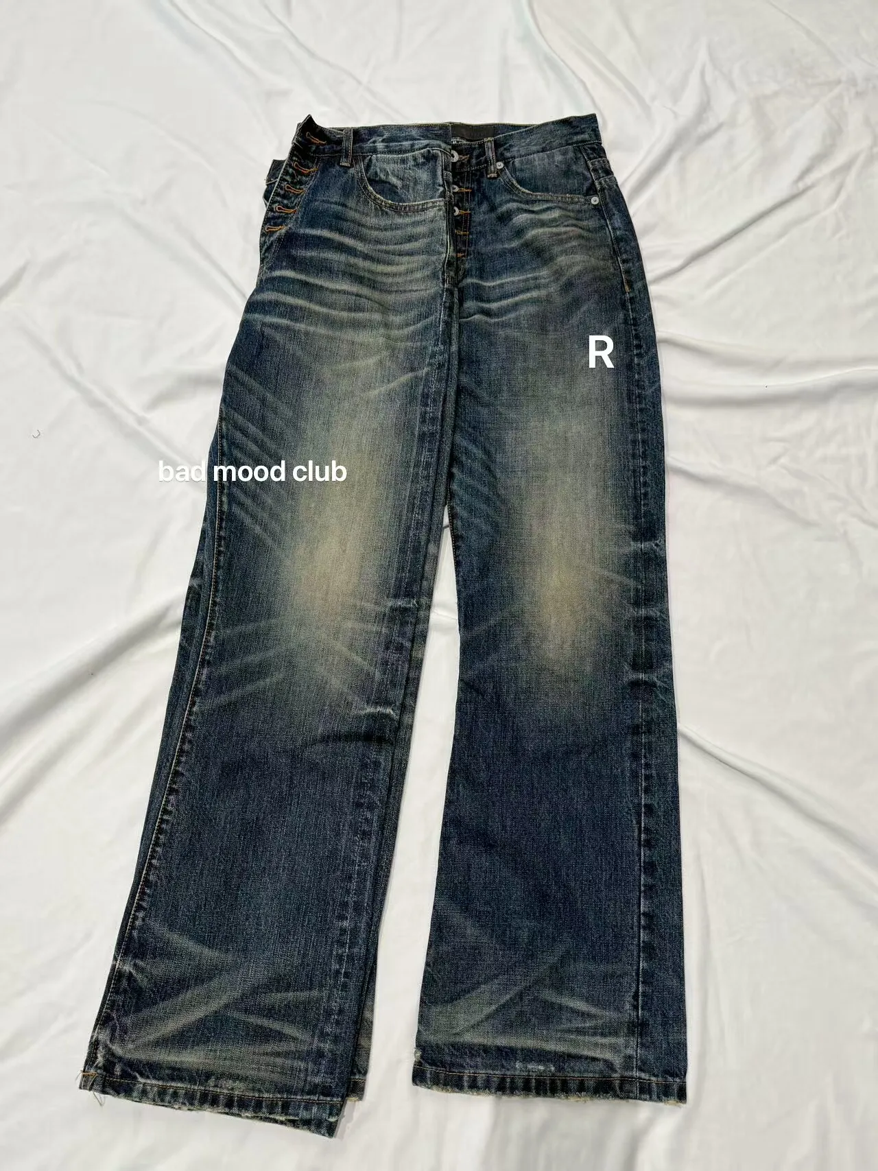 Button‑Fly Cat‑Whisker Pleated Indigo Selvedge Bootcut Jeans