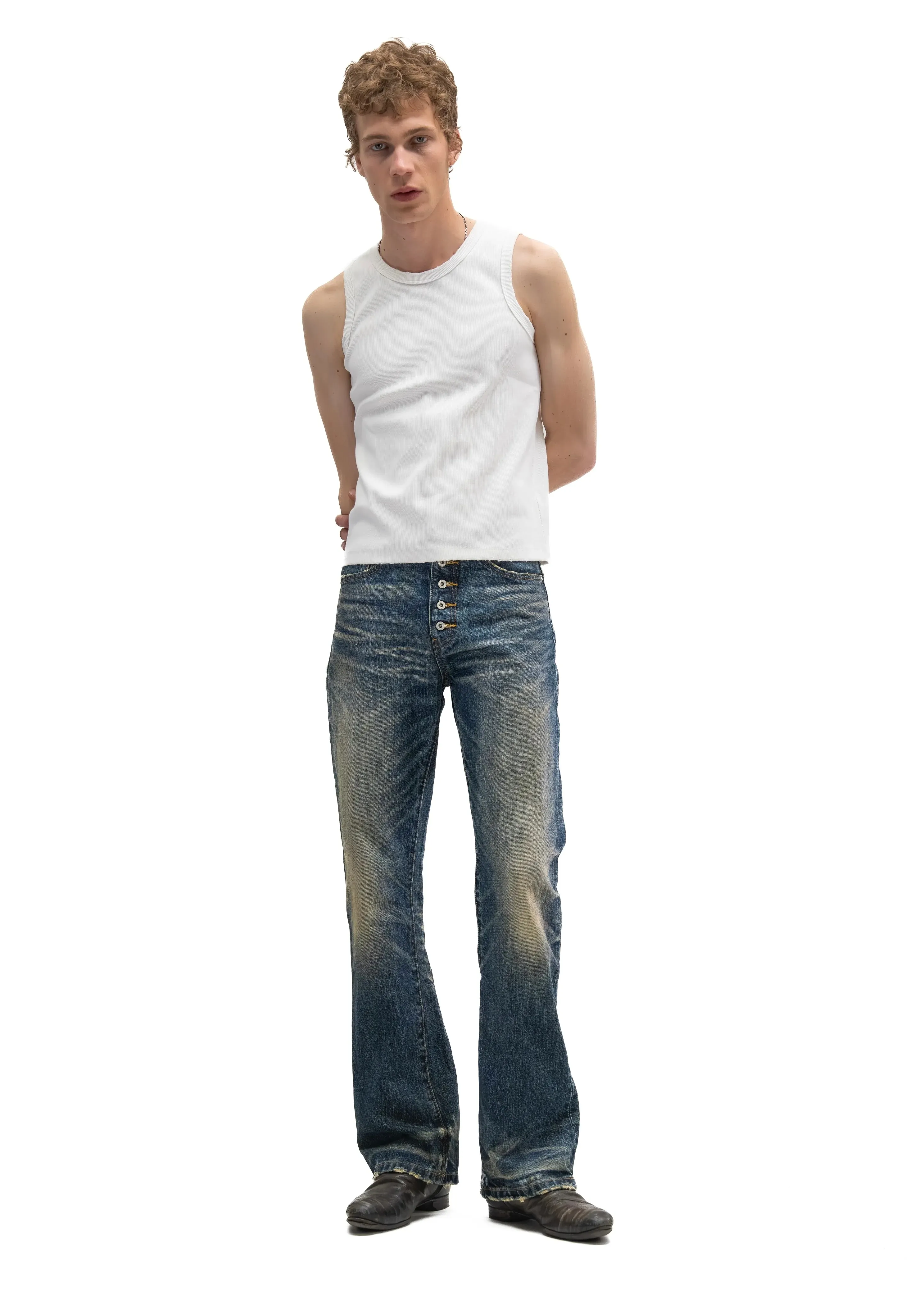 Button‑Fly Cat‑Whisker Pleated Indigo Selvedge Bootcut Jeans