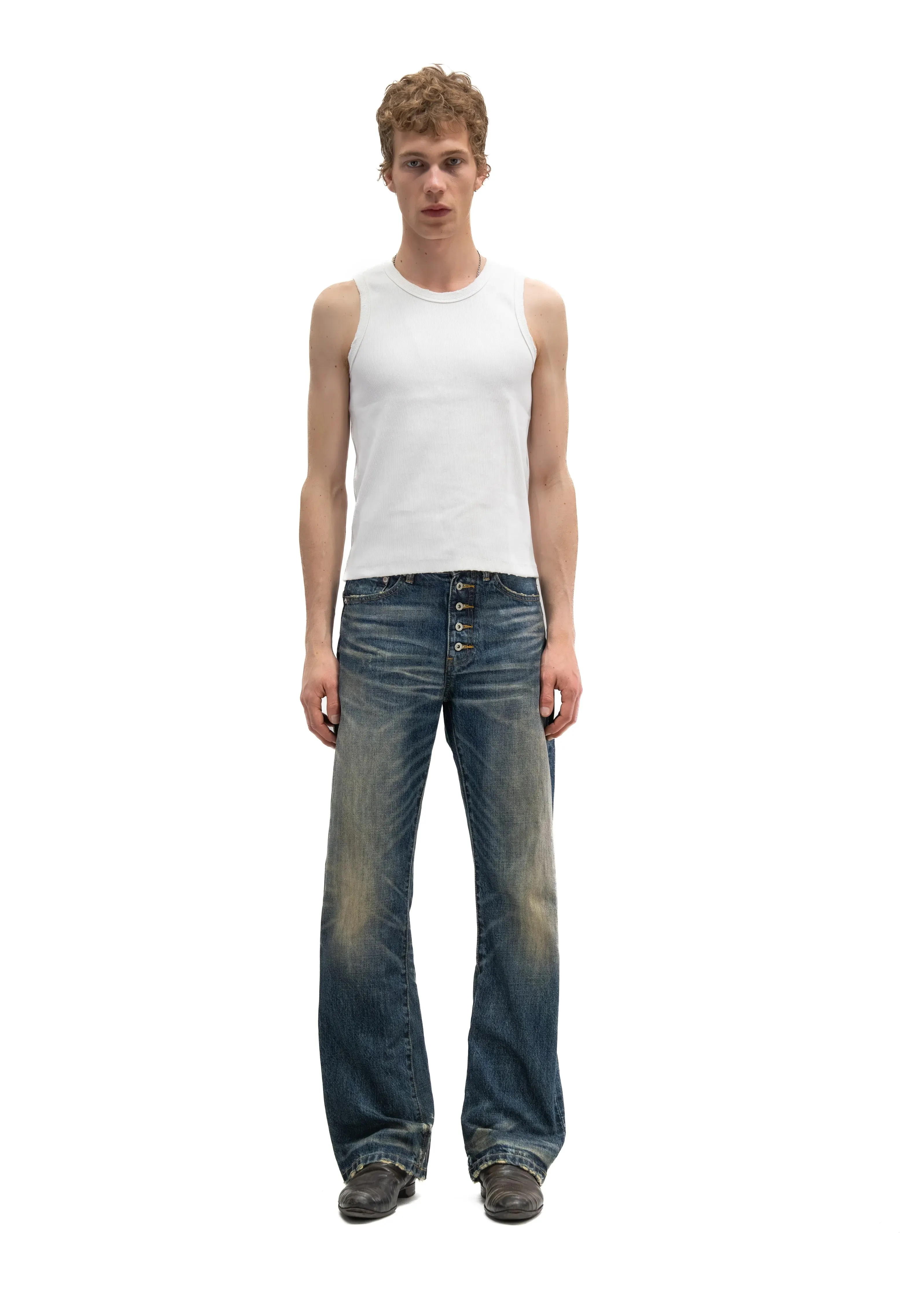 Button‑Fly Cat‑Whisker Pleated Indigo Selvedge Bootcut Jeans