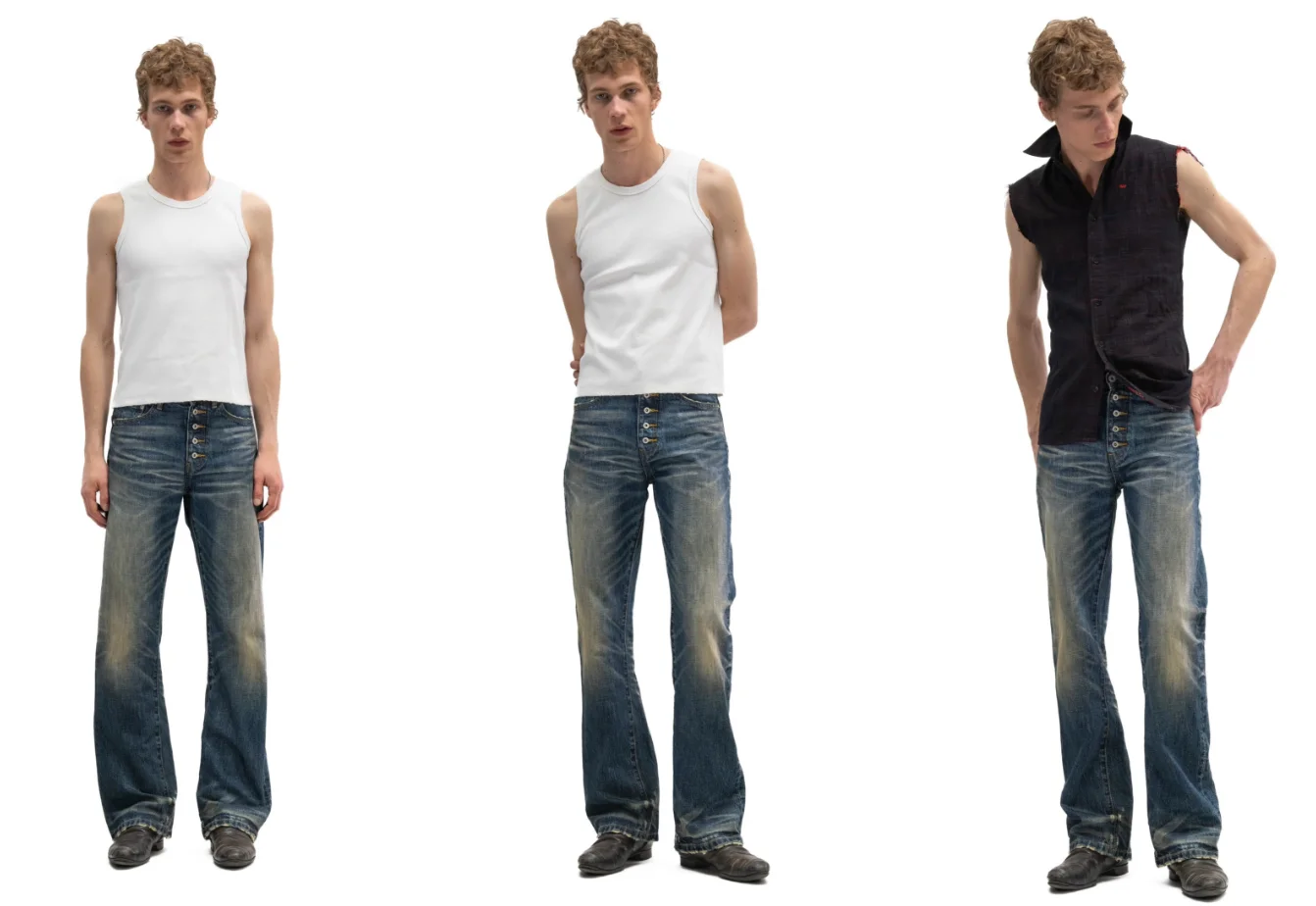 Button‑Fly Cat‑Whisker Pleated Indigo Selvedge Bootcut Jeans