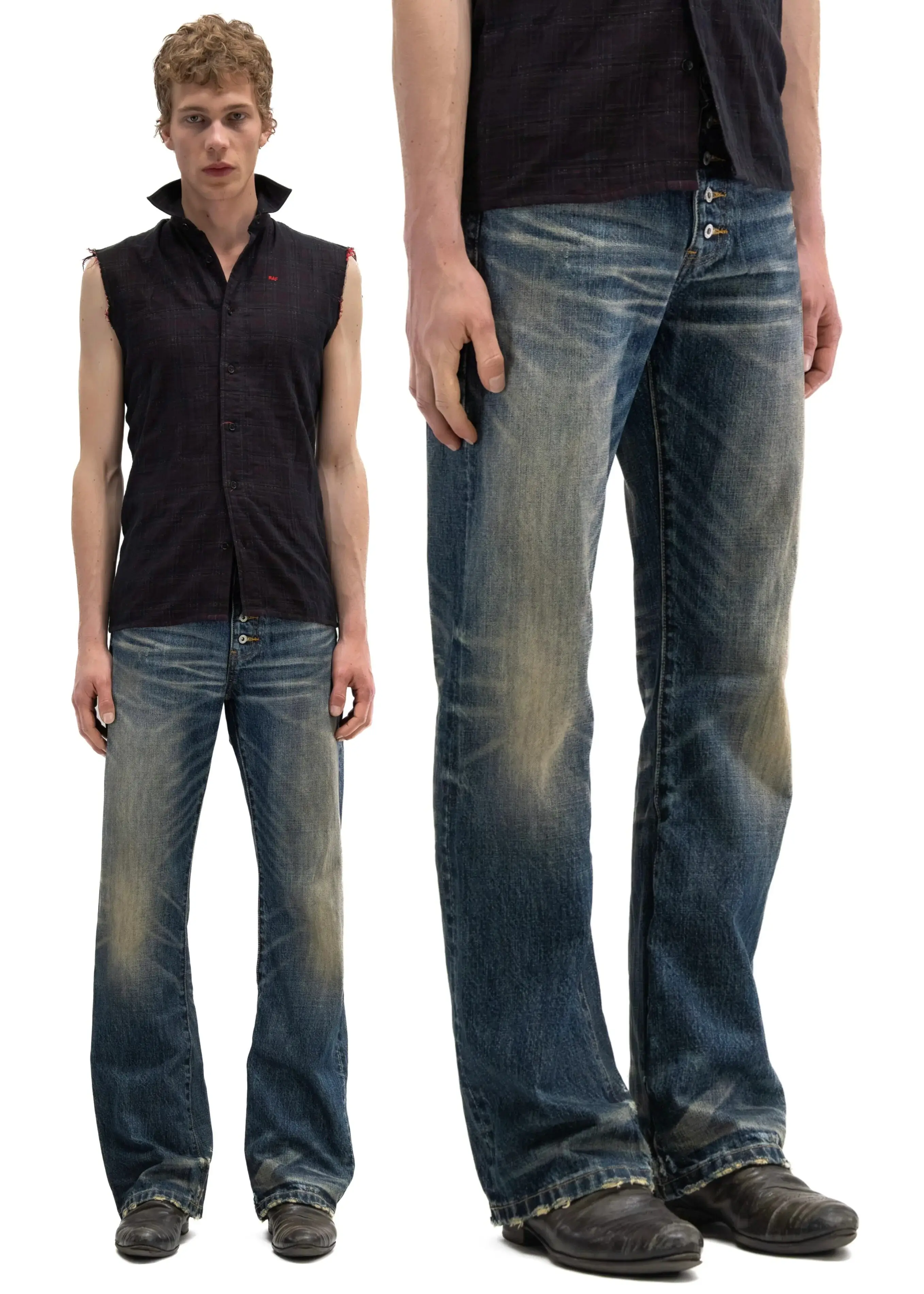 Button‑Fly Cat‑Whisker Pleated Indigo Selvedge Bootcut Jeans