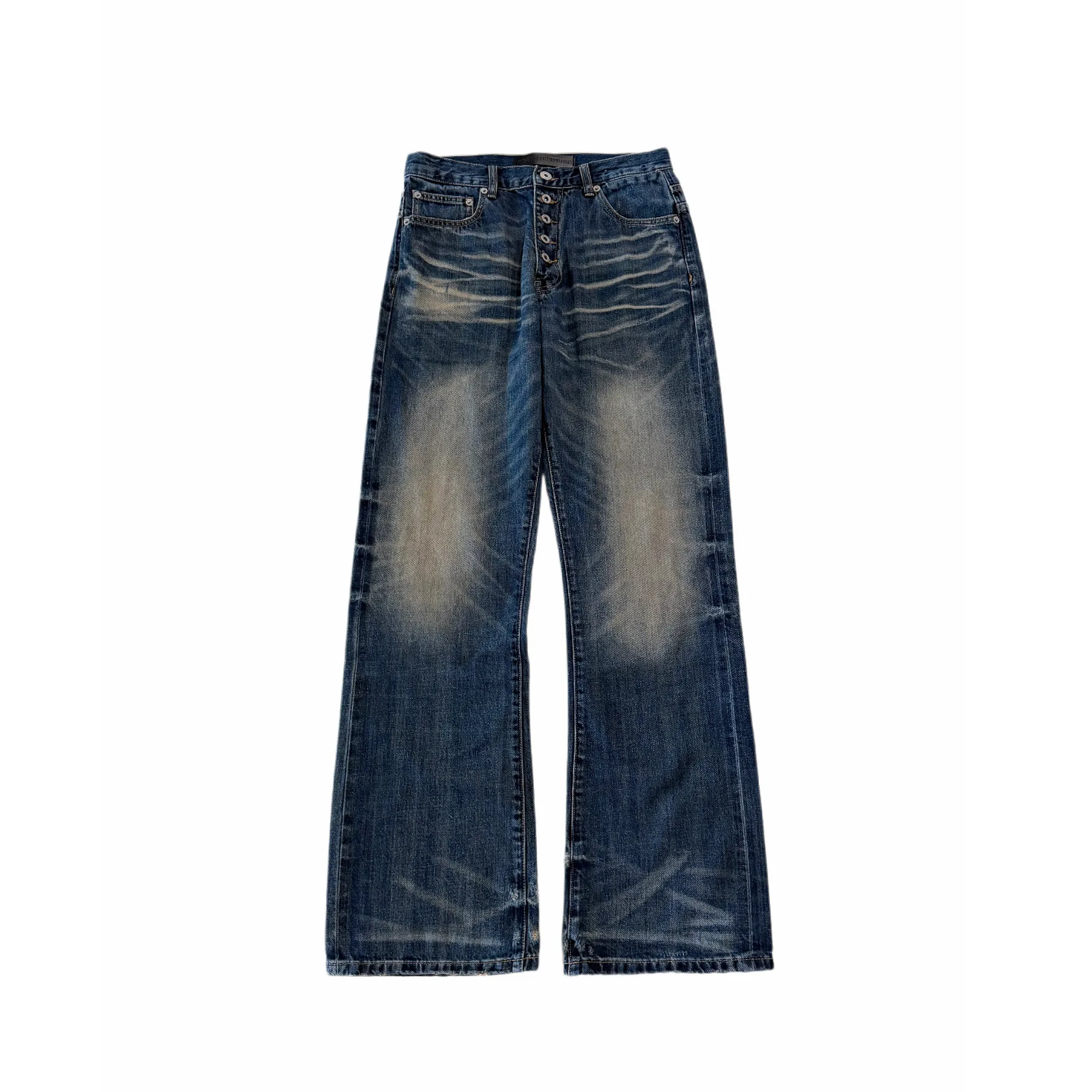 Button‑Fly Cat‑Whisker Pleated Indigo Selvedge Bootcut Jeans