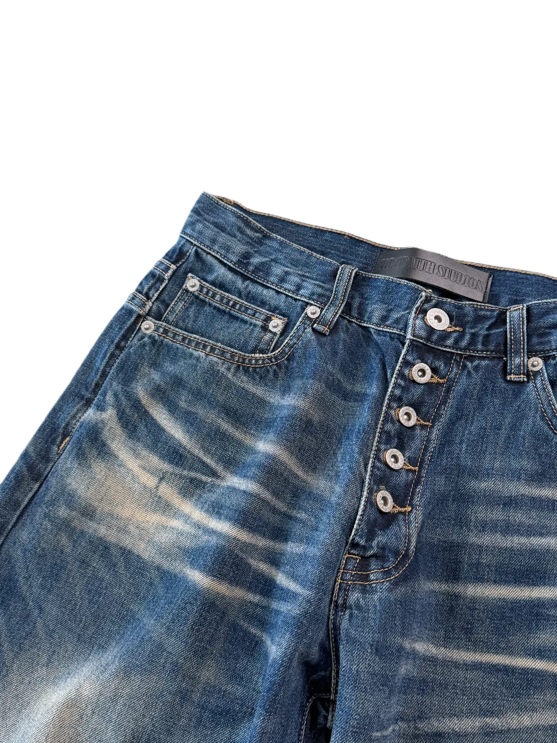 Button‑Fly Cat‑Whisker Pleated Indigo Selvedge Bootcut Jeans