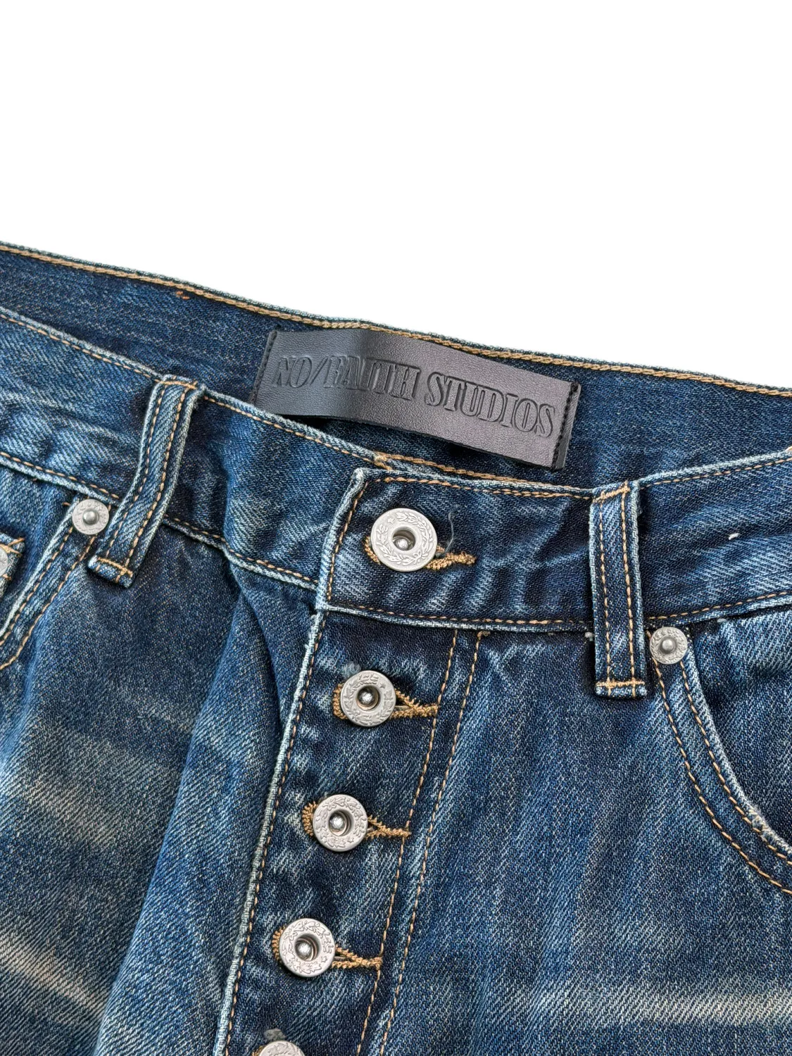 Button‑Fly Cat‑Whisker Pleated Indigo Selvedge Bootcut Jeans