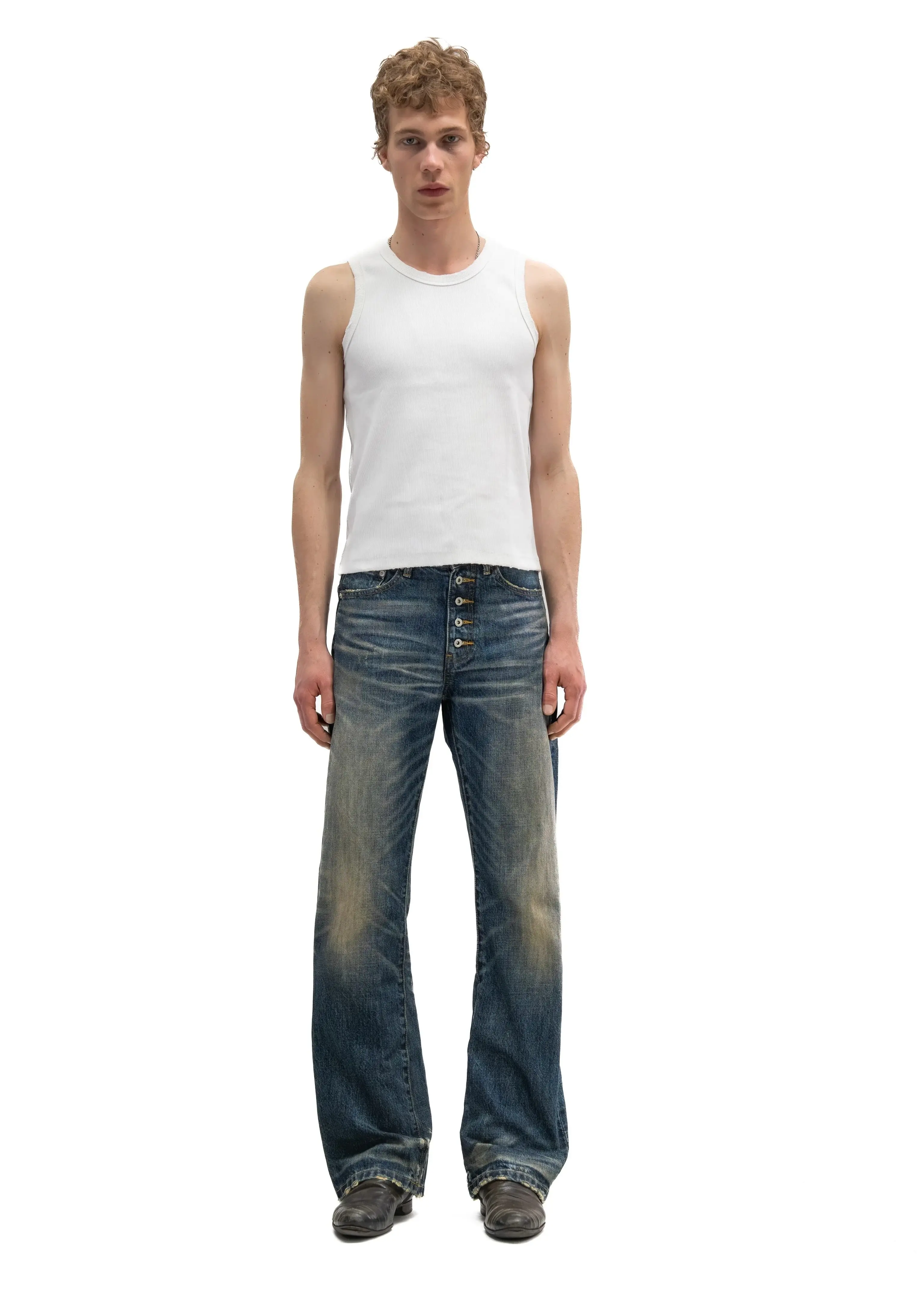Button‑Fly Cat‑Whisker Pleated Indigo Selvedge Bootcut Jeans