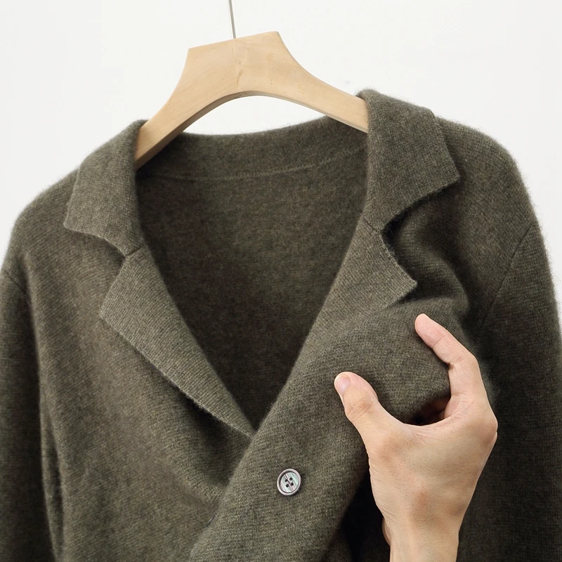 Men's Suit Collar Cardigan 100% Pure Wool Sweater Coat Autumn Winter Chic Pocket Business Casual Wool Outerwear Knitwear Top