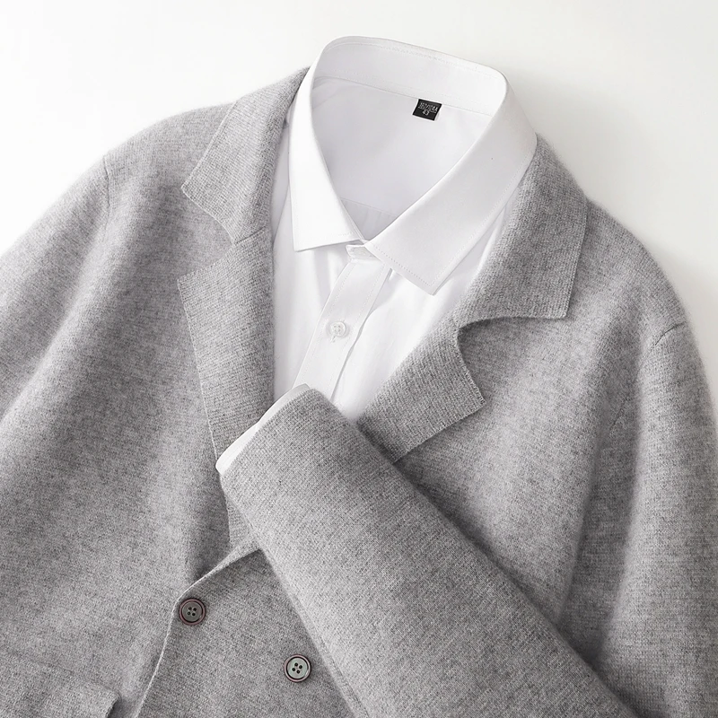 Men's Suit Collar Cardigan 100% Pure Wool Sweater Coat Autumn Winter Chic Pocket Business Casual Wool Outerwear Knitwear Top