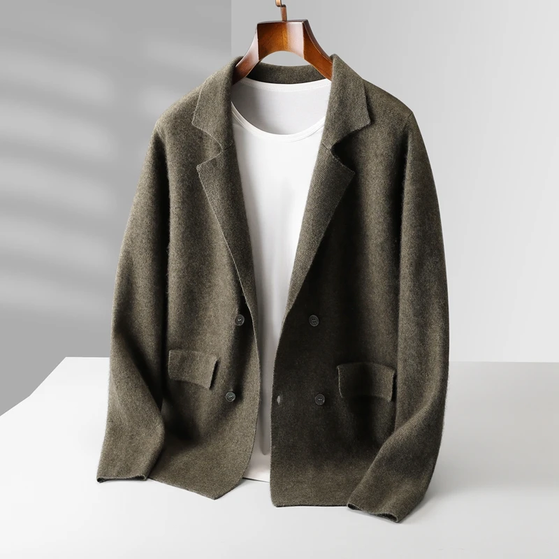 Men's Suit Collar Cardigan 100% Pure Wool Sweater Coat Autumn Winter Chic Pocket Business Casual Wool Outerwear Knitwear Top