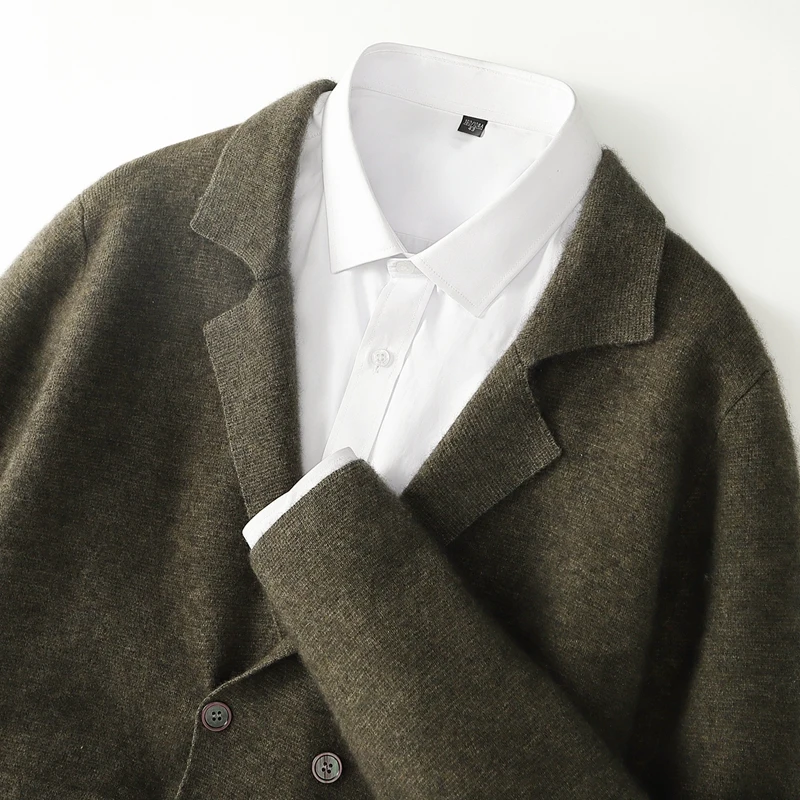 Men's Suit Collar Cardigan 100% Pure Wool Sweater Coat Autumn Winter Chic Pocket Business Casual Wool Outerwear Knitwear Top