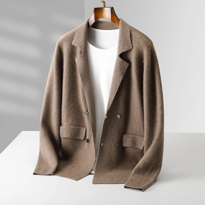 Men's Suit Collar Cardigan 100% Pure Wool Sweater Coat Autumn Winter Chic Pocket Business Casual Wool Outerwear Knitwear Top