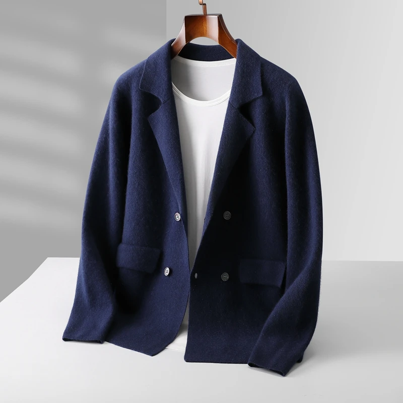 Men's Suit Collar Cardigan 100% Pure Wool Sweater Coat Autumn Winter Chic Pocket Business Casual Wool Outerwear Knitwear Top