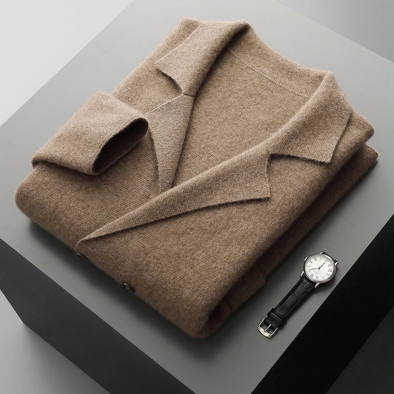 Men's Suit Collar Cardigan 100% Pure Wool Sweater Coat Autumn Winter Chic Pocket Business Casual Wool Outerwear Knitwear Top