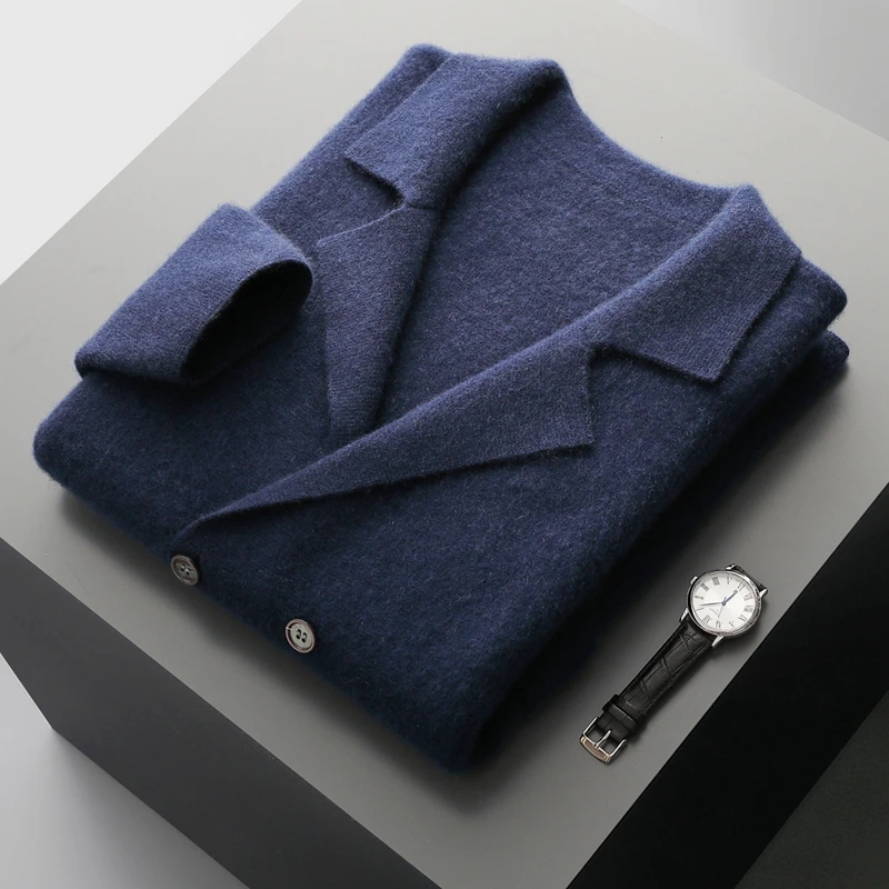 Men's Suit Collar Cardigan 100% Pure Wool Sweater Coat Autumn Winter Chic Pocket Business Casual Wool Outerwear Knitwear Top