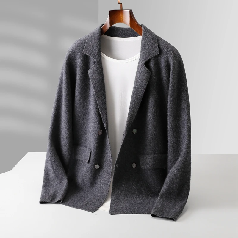 Men's Suit Collar Cardigan 100% Pure Wool Sweater Coat Autumn Winter Chic Pocket Business Casual Wool Outerwear Knitwear Top