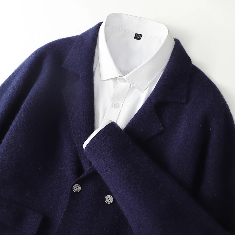 Men's Suit Collar Cardigan 100% Pure Wool Sweater Coat Autumn Winter Chic Pocket Business Casual Wool Outerwear Knitwear Top