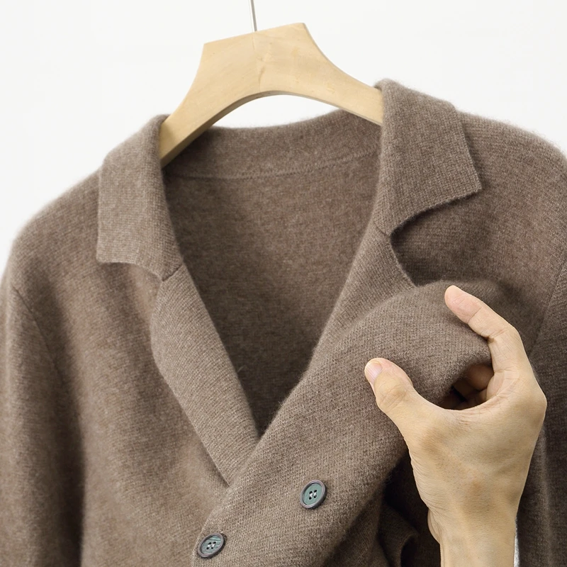 Men's Suit Collar Cardigan 100% Pure Wool Sweater Coat Autumn Winter Chic Pocket Business Casual Wool Outerwear Knitwear Top
