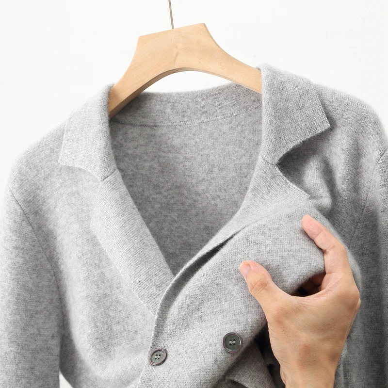 Men's Suit Collar Cardigan 100% Pure Wool Sweater Coat Autumn Winter Chic Pocket Business Casual Wool Outerwear Knitwear Top