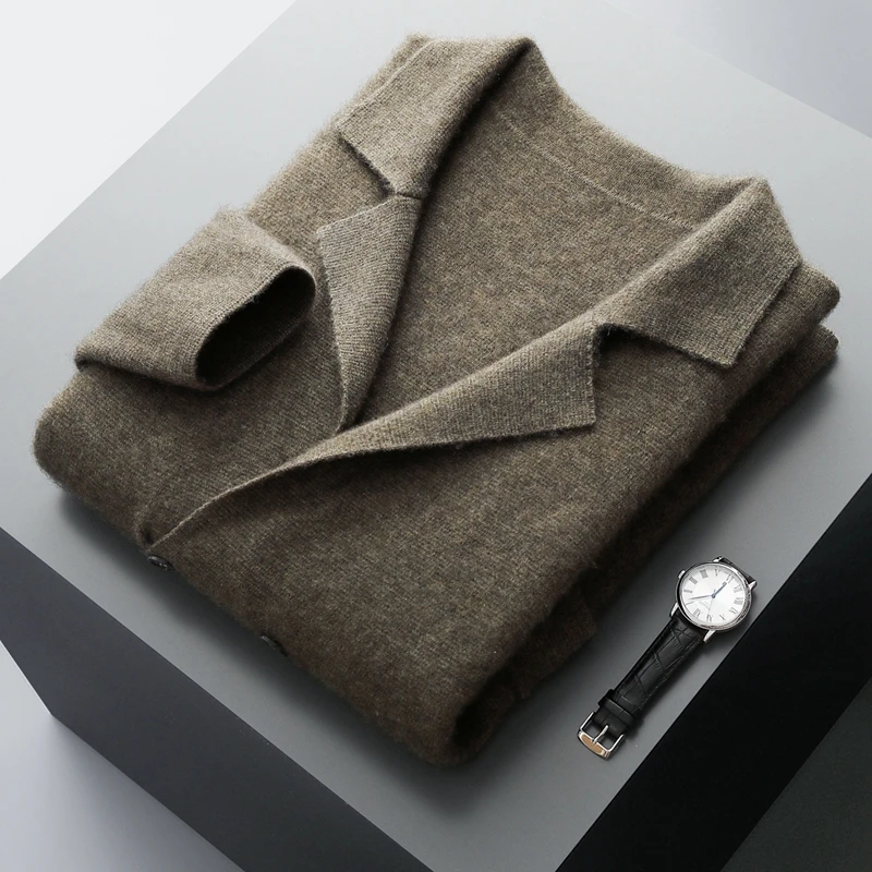 Men's Suit Collar Cardigan 100% Pure Wool Sweater Coat Autumn Winter Chic Pocket Business Casual Wool Outerwear Knitwear Top