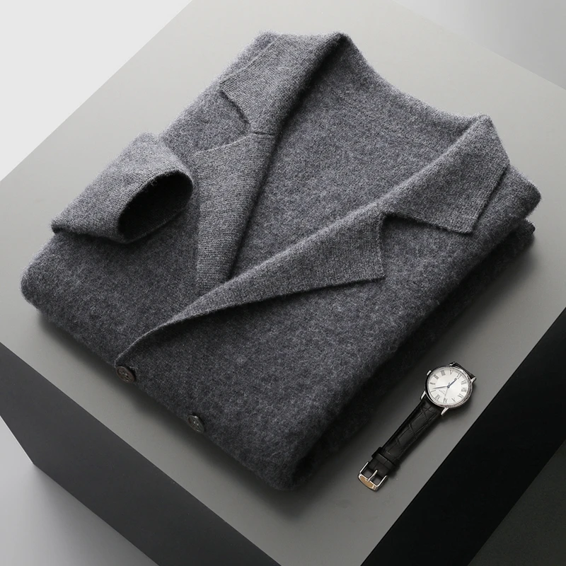 Men's Suit Collar Cardigan 100% Pure Wool Sweater Coat Autumn Winter Chic Pocket Business Casual Wool Outerwear Knitwear Top