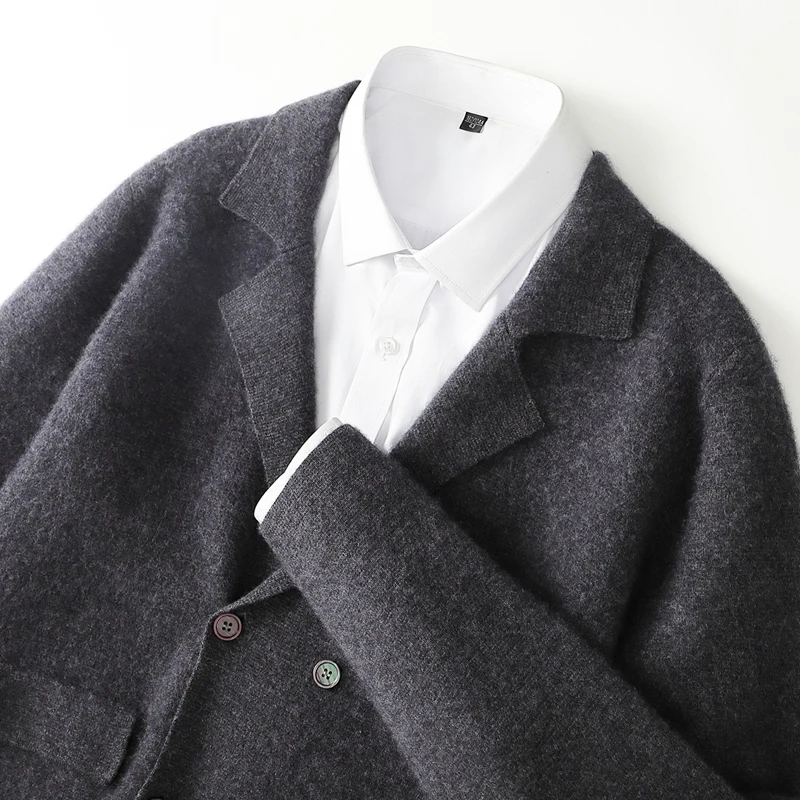 Men's Suit Collar Cardigan 100% Pure Wool Sweater Coat Autumn Winter Chic Pocket Business Casual Wool Outerwear Knitwear Top