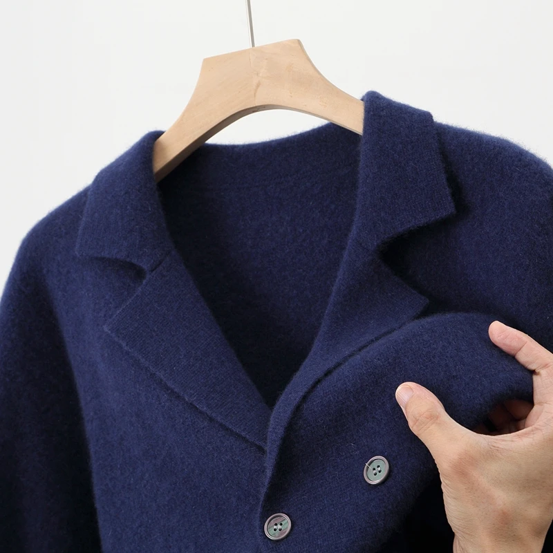 Men's Suit Collar Cardigan 100% Pure Wool Sweater Coat Autumn Winter Chic Pocket Business Casual Wool Outerwear Knitwear Top
