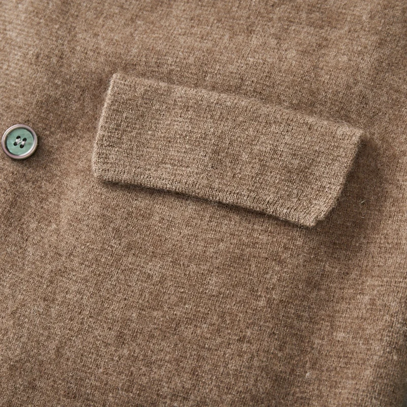 Men's Suit Collar Cardigan 100% Pure Wool Sweater Coat Autumn Winter Chic Pocket Business Casual Wool Outerwear Knitwear Top