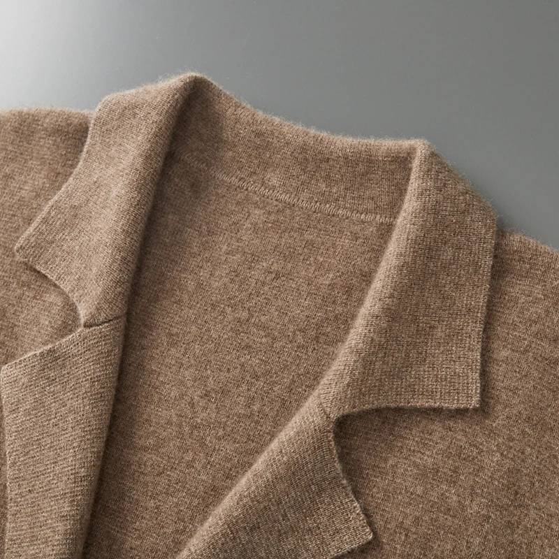 Men's Suit Collar Cardigan 100% Pure Wool Sweater Coat Autumn Winter Chic Pocket Business Casual Wool Outerwear Knitwear Top