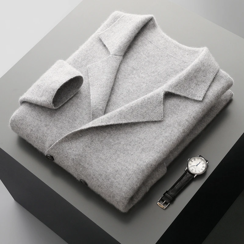 Men's Suit Collar Cardigan 100% Pure Wool Sweater Coat Autumn Winter Chic Pocket Business Casual Wool Outerwear Knitwear Top